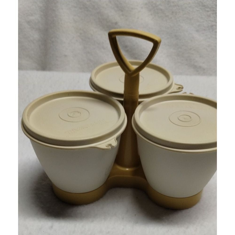 Tupperware Condiment‎ Caddy Set Bowls Lids Vintage Serving Beige